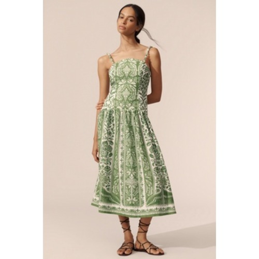 Farm Rio Midi Dress Delicate Tapestry Large Green Linen Drop Waist Beaded Straps